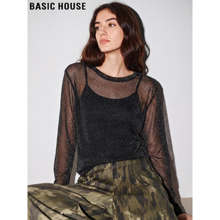 新款 Basic 女2026春季 百家好繁星亮闪网纱打底衫 圆领薄纱衣 House