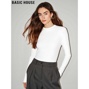 House 女春季 百家好基础款 打底衫 加厚保暖T恤 白色圆领长袖 Basic