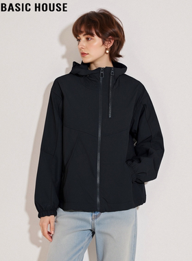 Basic House/百家好黑色夹棉连帽外套女2026春季宽松加厚保暖夹克
