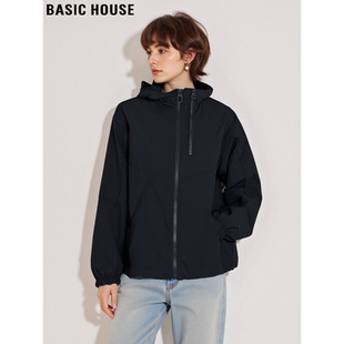 Basic House/百家好黑色夹棉连帽外套女2026春季宽松加厚保暖夹克