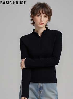 Basic House/百家好立领半拉链黑色德绒打底衫女秋冬内搭修身T恤