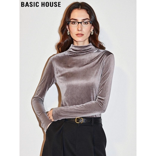 Basic House/百家好金丝绒半高领T恤女士冬季法式修身长袖打底衫
