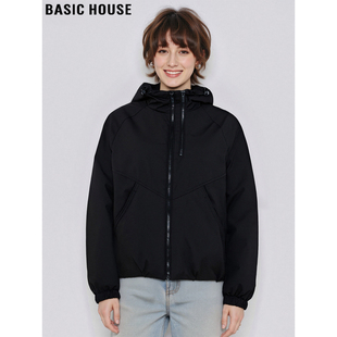 Basic House/百家好黑色90鸭绒连帽羽绒服女士冬季高级感加厚外套