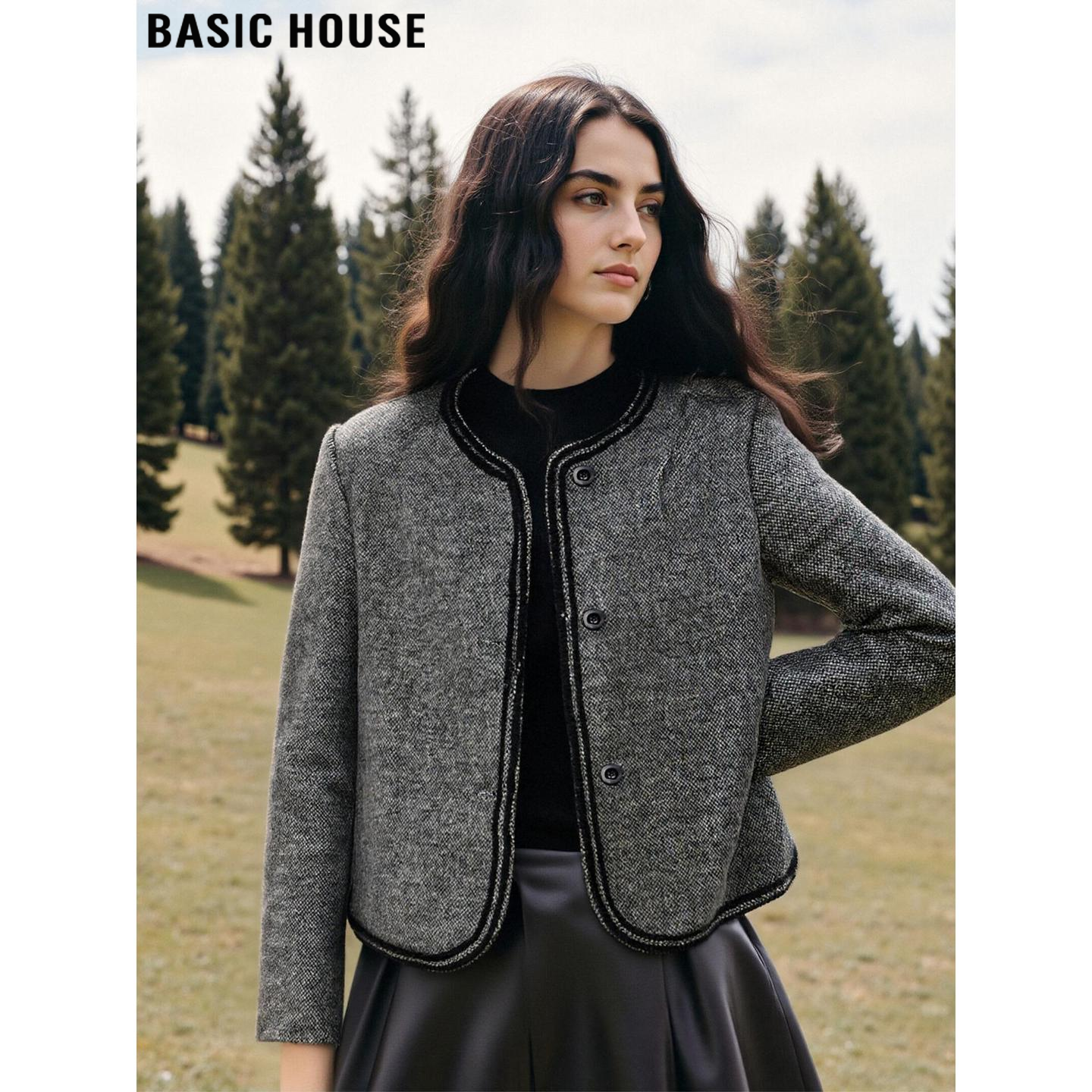 百家好黑灰色圆领加厚羊毛呢外套