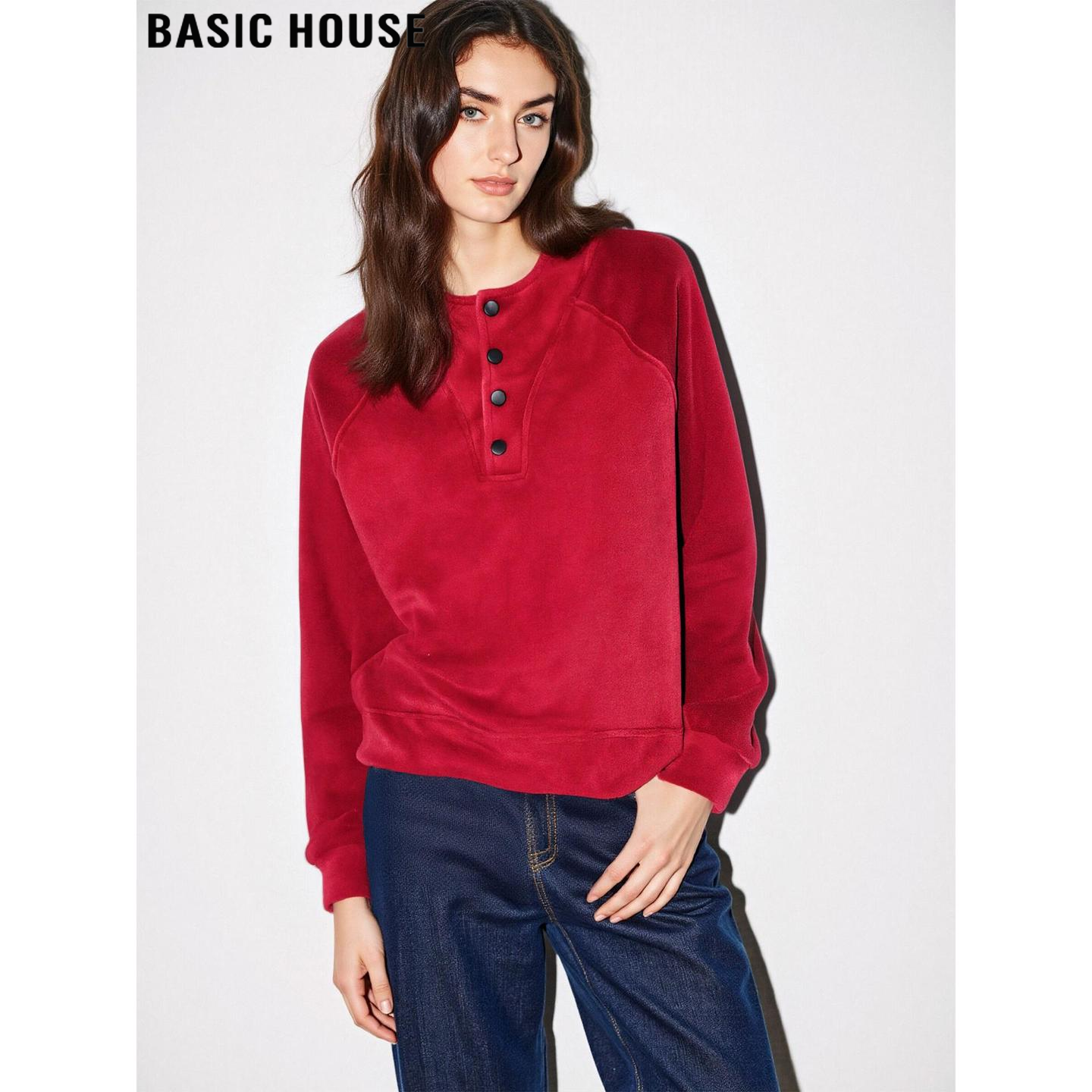 百家好红色半开领加绒长袖卫衣女