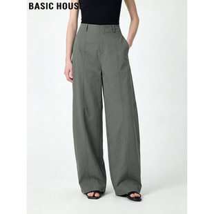 House 高腰宽松休闲阔腿裤 百家好美式 女春季 复古绿色弯刀裤 Basic