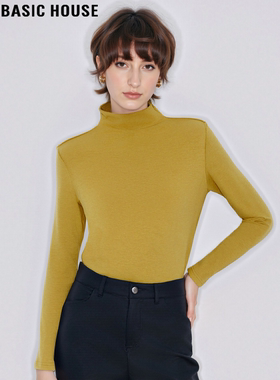 Basic House/百家好黄色半高领德绒打底衫女冬季修身加厚保暖T恤