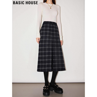 高腰A字中长裙 百家好文艺复古格子羊毛半身裙女春季 Basic House