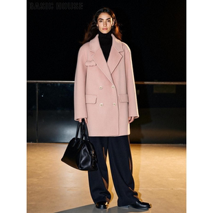 Basic House/百家好粉色羊毛呢子大衣女士冬季高级感加厚毛呢外套