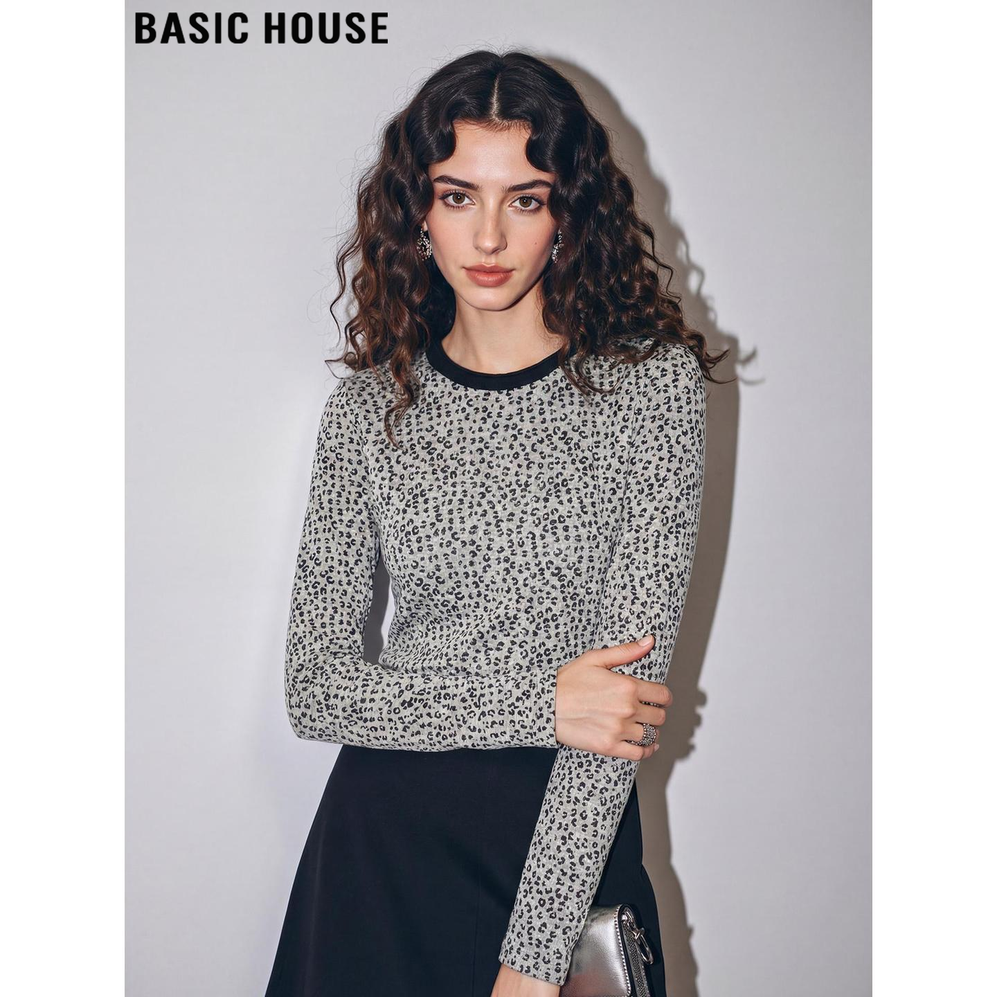 Basic House/百家好豹纹圆领长袖T恤女2026春季新款时尚正肩上衣,女装/女士精品,T恤,淘宝优惠券,粉丝福利购,淘宝优惠卷
