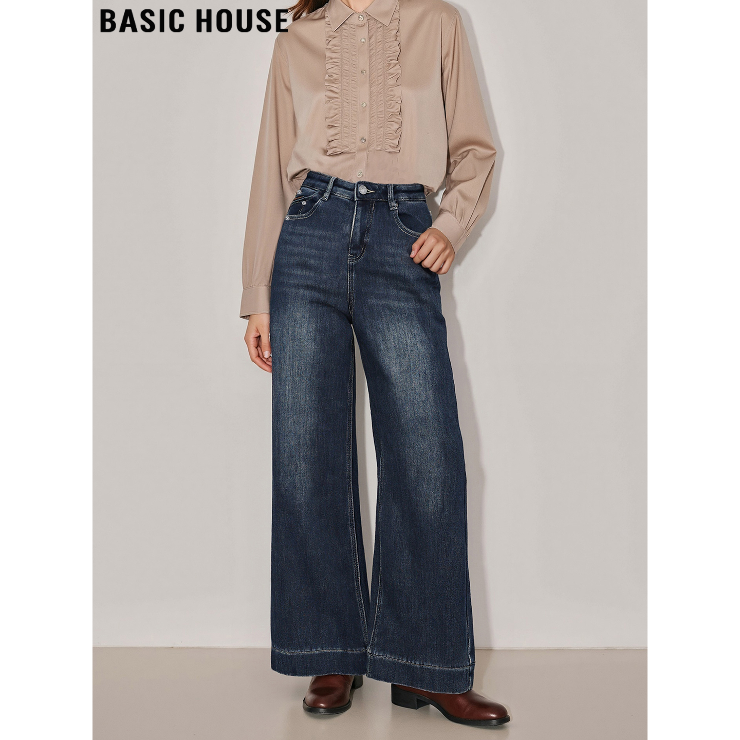 Basic House/百家好蓝灰色加厚阔腿牛仔裤女秋冬宽松垂感直筒长裤