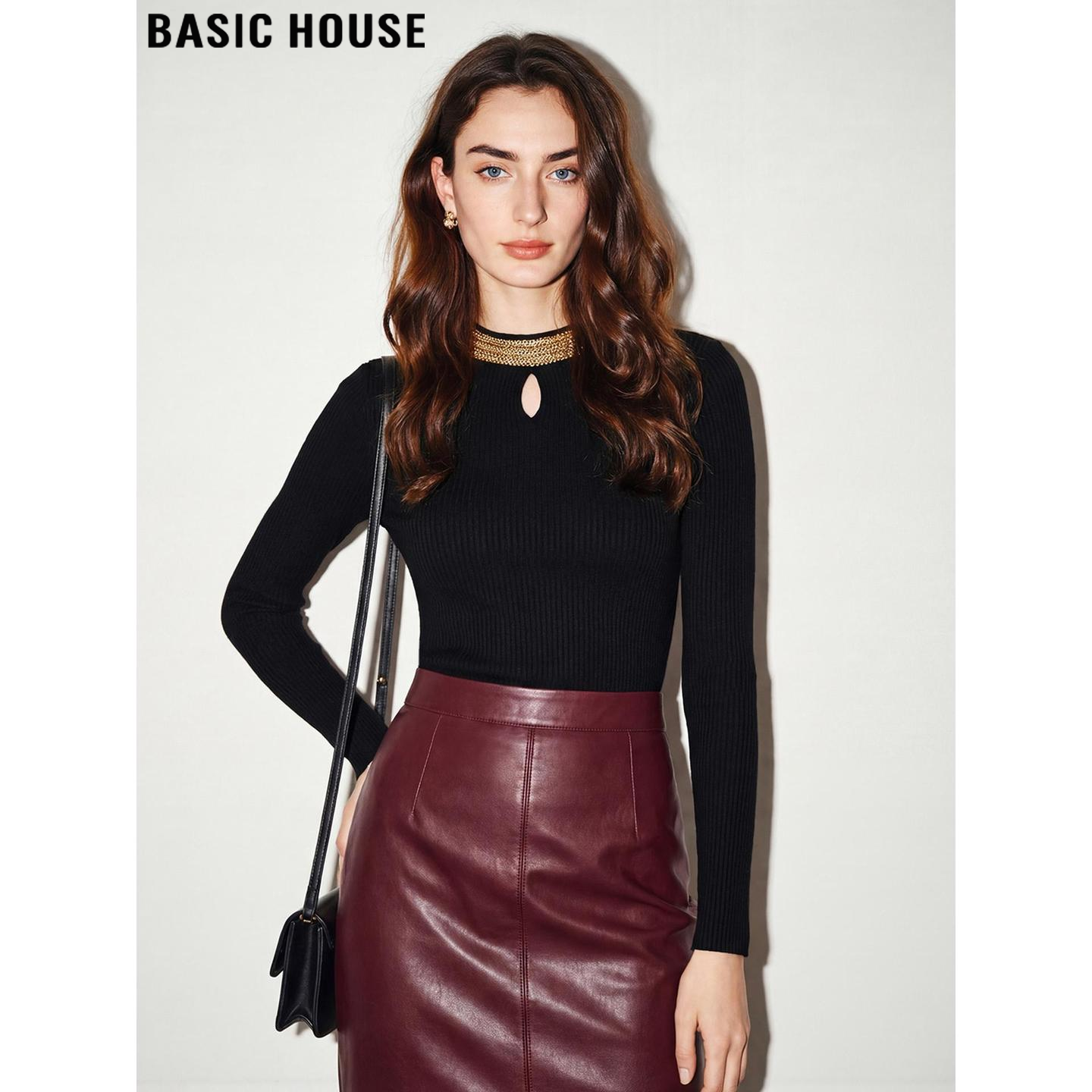 Basic House/百家好半高领羊毛针织衫女2026春季新款亮片镂空上衣,女装/女士精品,T恤,淘宝优惠券,粉丝福利购,淘宝优惠卷