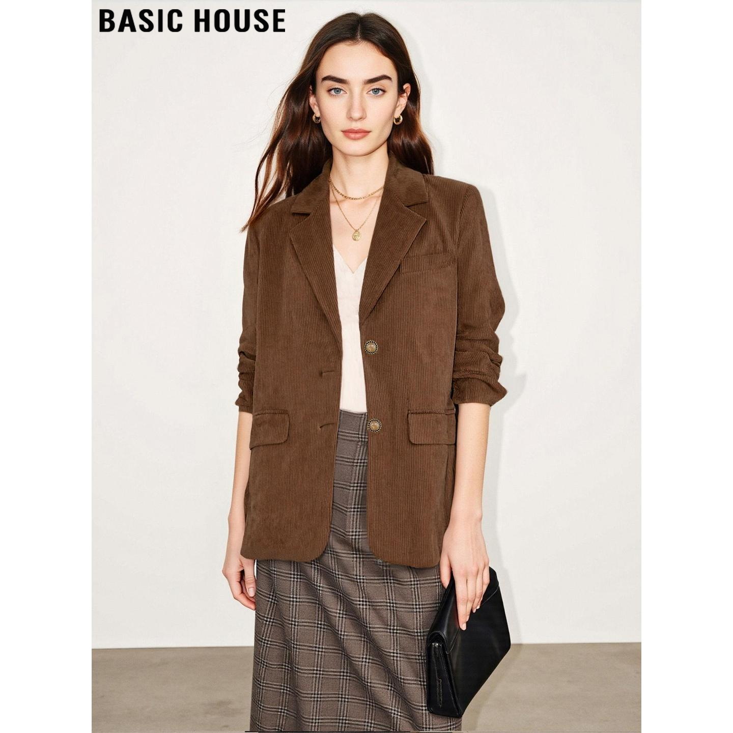 Basic House/百家好美拉德咖色灯芯绒西装外套女装秋冬加厚小西服