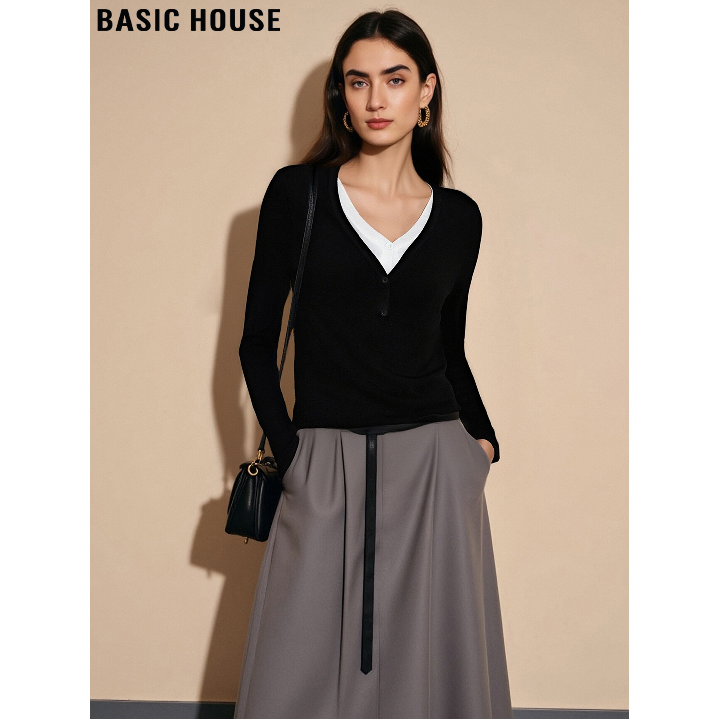 百家好假两件V领针织打底衫内搭