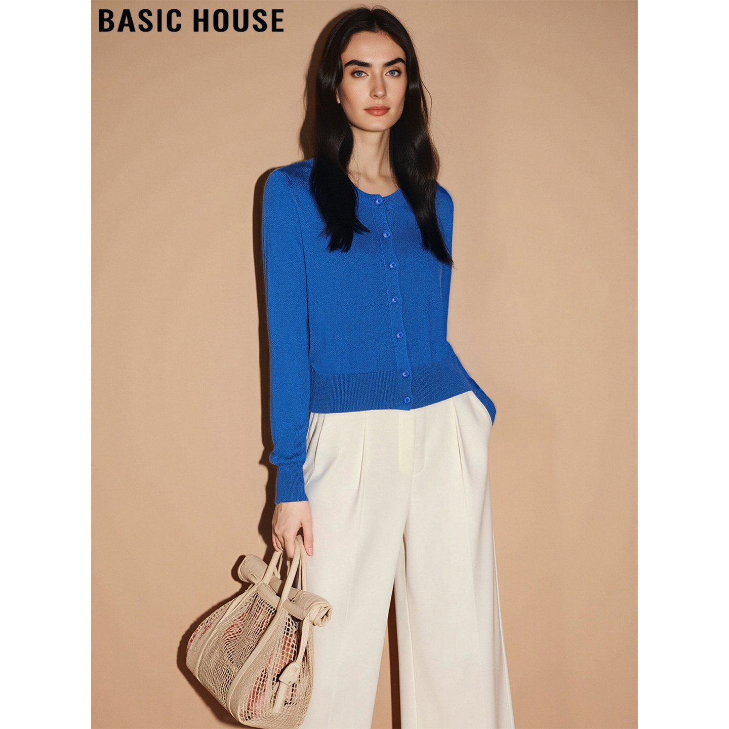 百家好宝蓝色羊毛针织开衫女内搭