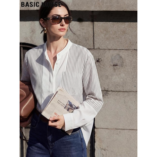 House 新款 百家好设计感条纹长袖 女士2026春季 立领衬衣 衬衫 Basic