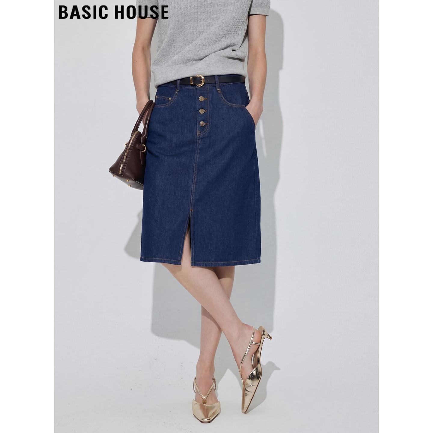 Basic House/百家好深蓝色开叉牛仔半身裙女春季新款高腰包臀裙子