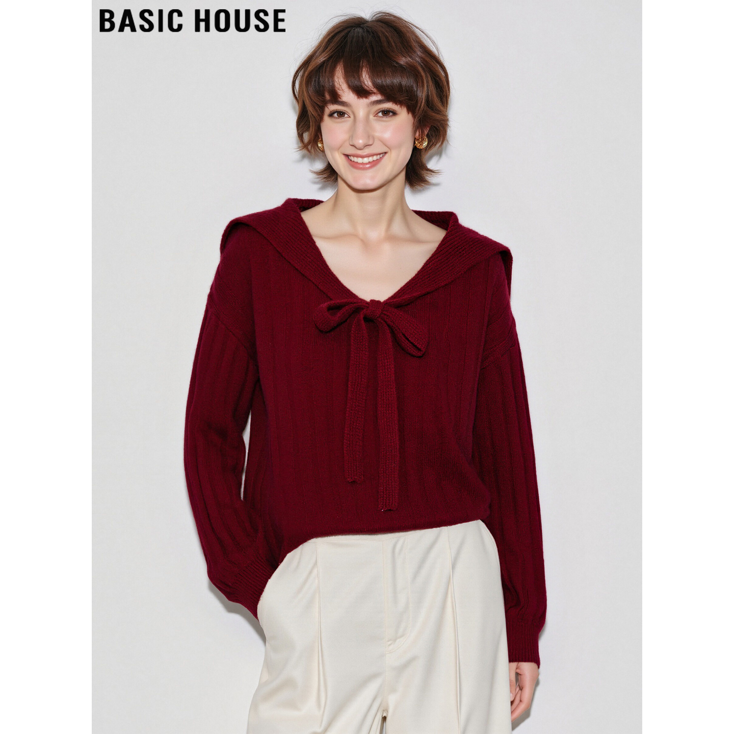 百家好圣诞红系带100%羊毛针织衫