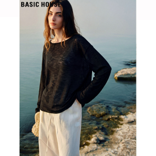House 含亚麻针织衫 百家好黑色微透天丝防晒罩衫 薄款 女春季 Basic