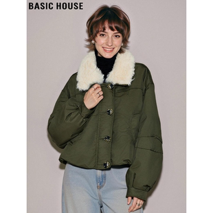 Basic House/百家好军绿色毛领羽绒服女冬季加厚保暖90白鸭绒外套
