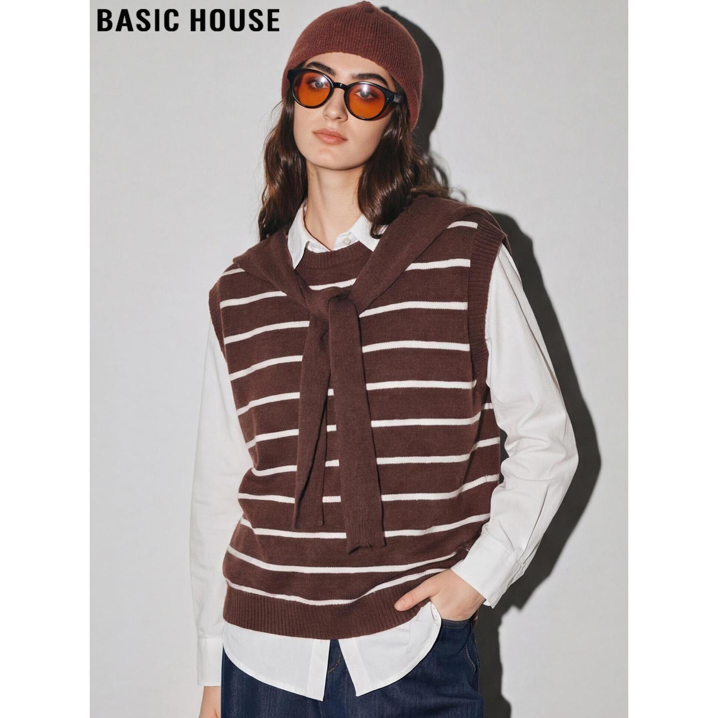 Basic House/百家好复古条纹针织马甲背心女2026春季新款无袖披肩,女装/女士精品,马夹,淘宝优惠券,粉丝福利购,淘宝优惠卷