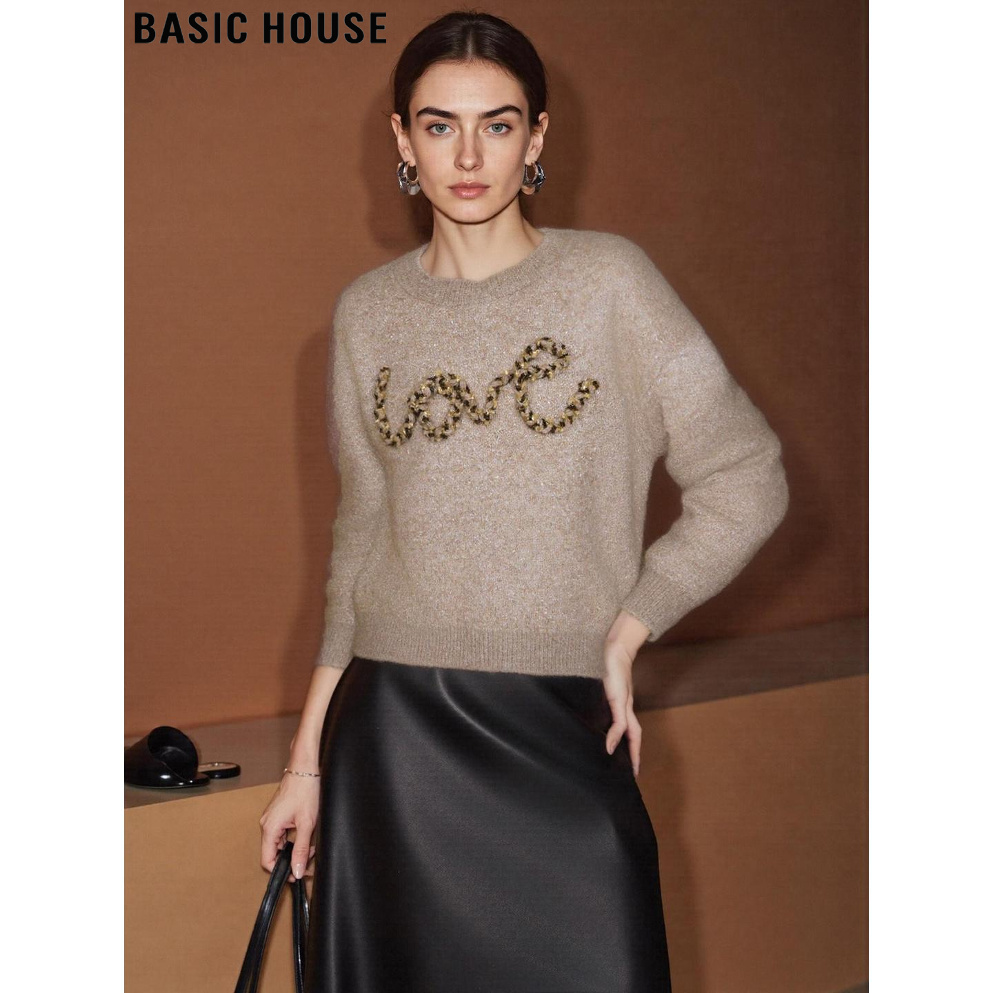 百家好复古亮片燕麦色毛衣女软糯