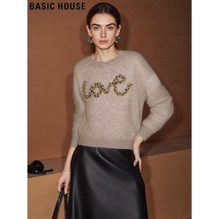 Basic House/百家好复古亮片燕麦色毛衣女2025冬季新款软糯针织衫