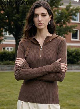 Basic House/百家好咖色针织卫衣女士2026春季新款半拉链内搭上衣