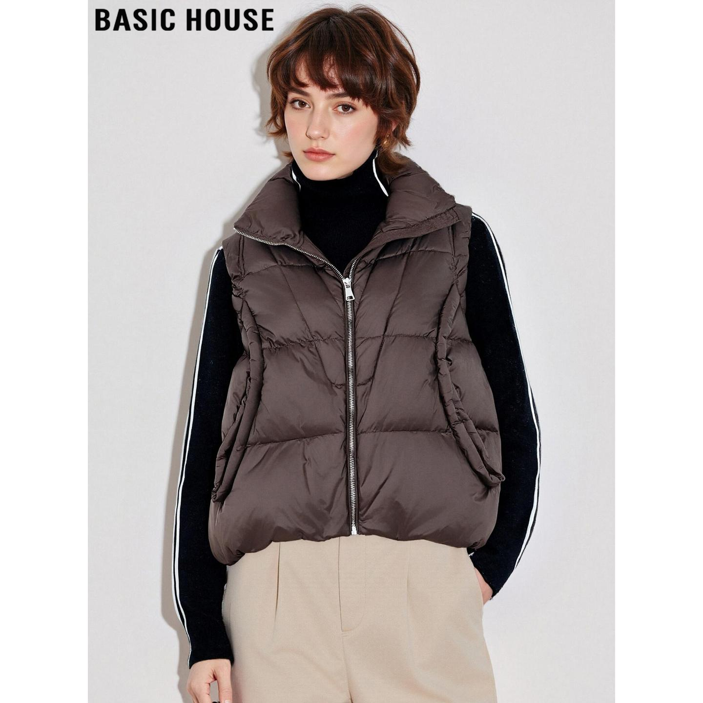 Basic House/百家好咖色拉链高领羽绒马甲女冬季加厚无袖马夹外套,女装/女士精品,羽绒服,淘宝优惠券,粉丝福利购,淘宝优惠卷