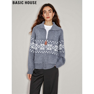 Basic House/百家好复古费尔岛提花加厚毛衣外套女士冬季针织开衫