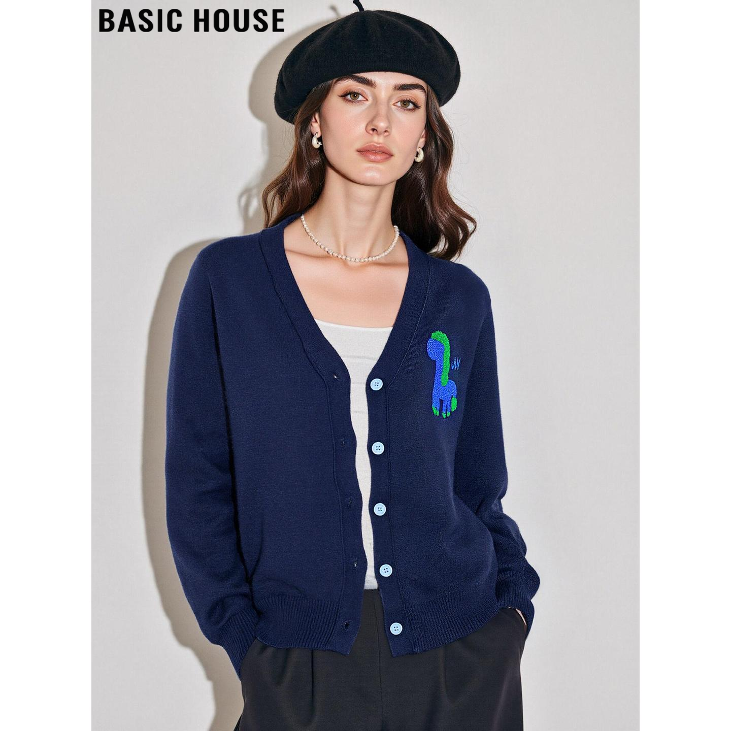 百家好美式藏青提花V领针织开衫