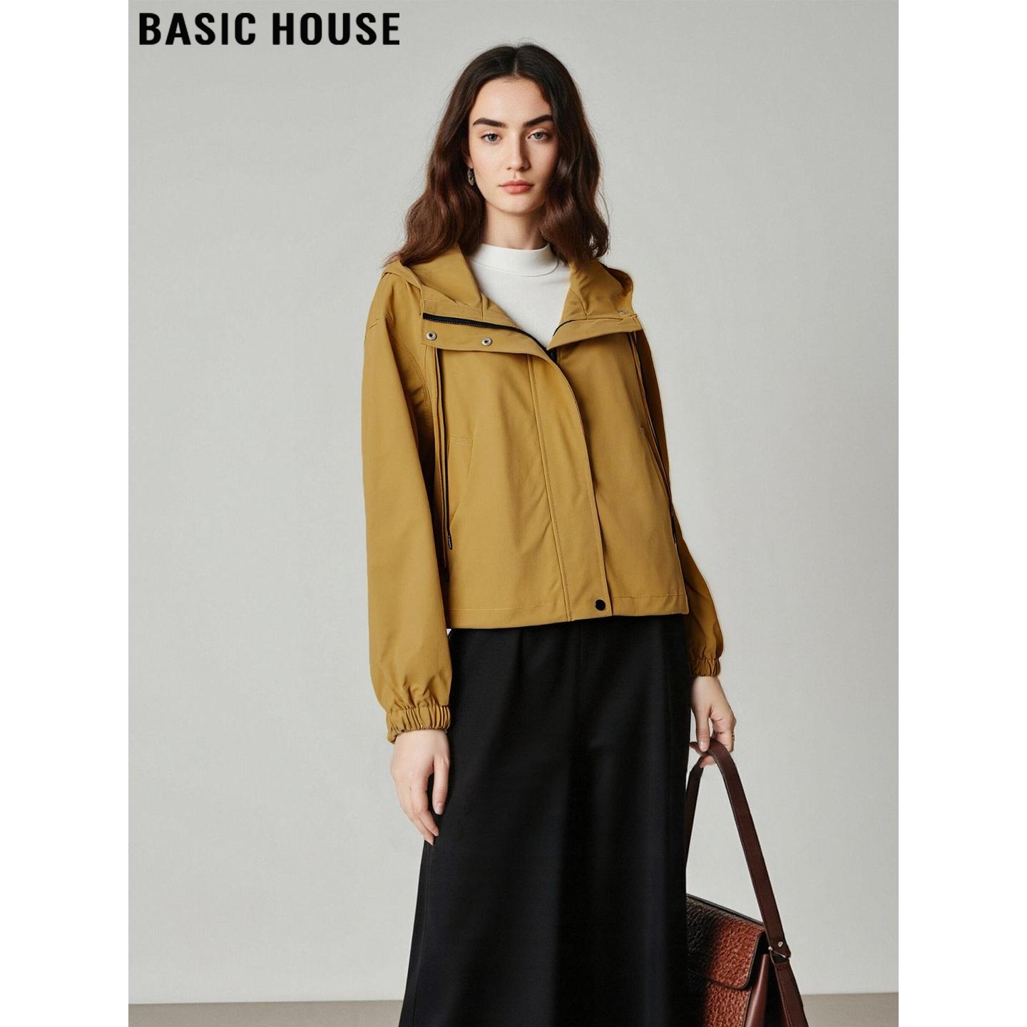 Basic House/百家好黄色拉链连帽棒球服女春季高级感修身短款外套