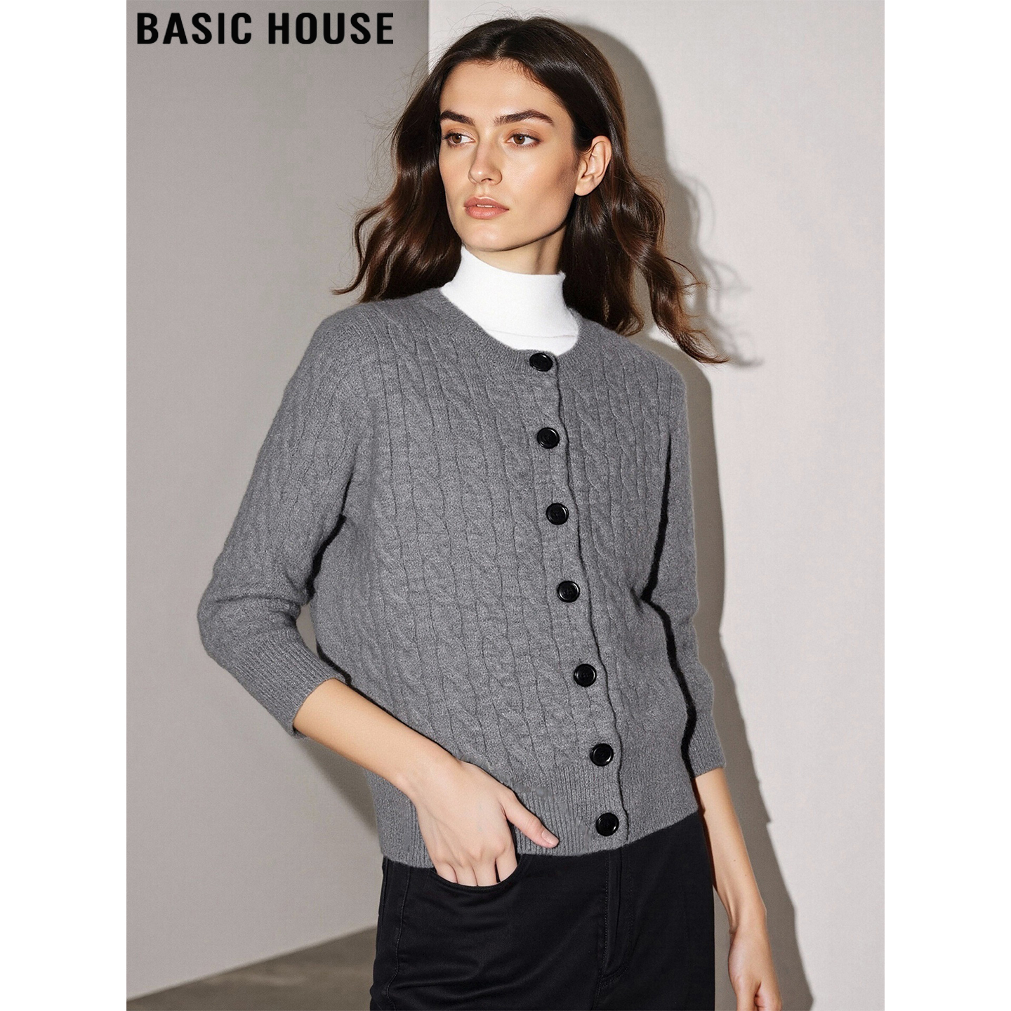 Basic House/百家好复古灰色毛衣外套女2025秋冬新款加厚针织开衫