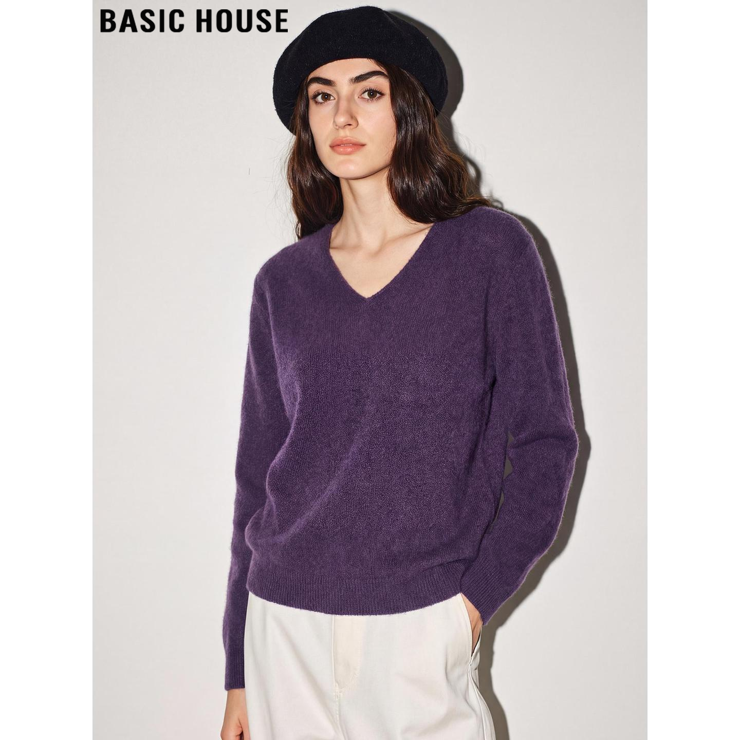 Basic House/百家好紫色鸡心领羊毛针织衫女2026春季新款软糯毛衣,女装/女士精品,毛针织衫,淘宝优惠券,粉丝福利购,淘宝优惠卷