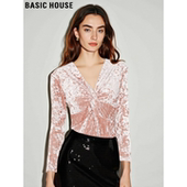 House V领修身 百家好粉色丝绒扭结衬衫 新款 衬衣 女2026春季 Basic