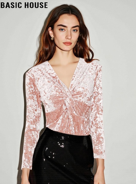 Basic House/百家好粉色丝绒扭结衬衫女2026春季新款V领修身衬衣
