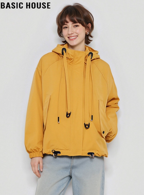 Basic House/百家好黄色连帽90白鸭绒羽绒服女士冬季加厚工装外套
