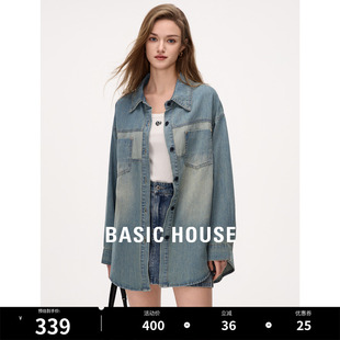 新款 Basic 女2024春季 百家好复古牛仔衬衫 水洗做旧蓝色衬衣 House