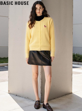 Basic House/百家好黄色刺绣圆领针织开衫女2026春季新款减龄毛衣