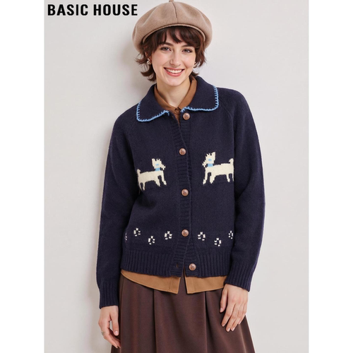 百家好复古提花翻领针织开衫女