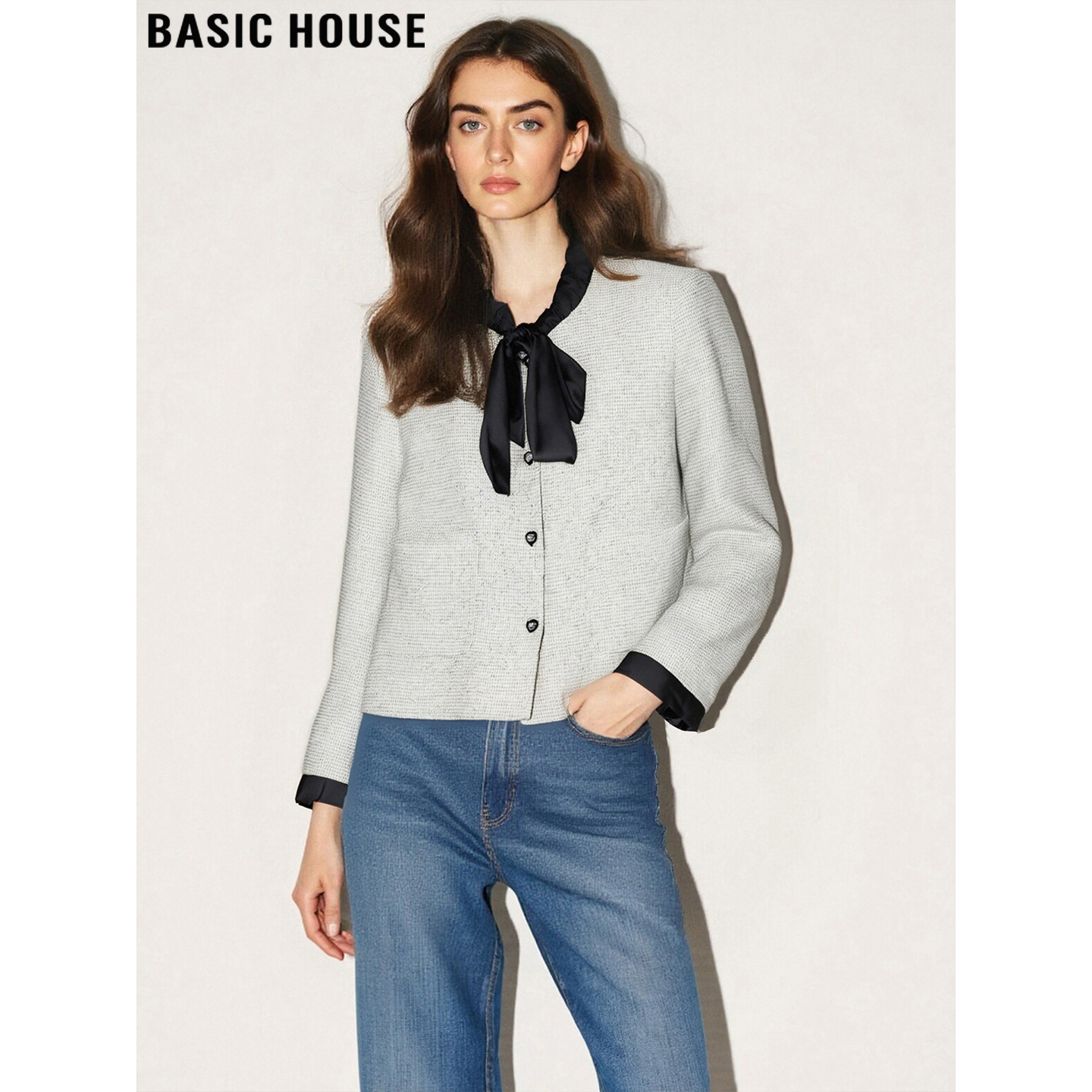 百家好气质蝴蝶结小香风灰色外套