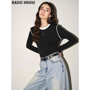 Basic House/百家好撞色天丝长袖T恤女2026春季新款时尚百搭上衣