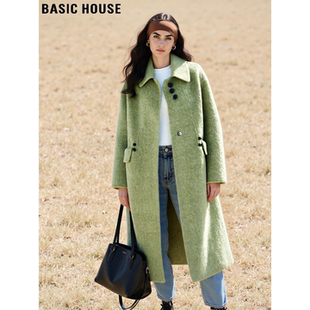 Basic House/百家好碧山绿长款过膝毛呢外套女春季加厚双面呢大衣
