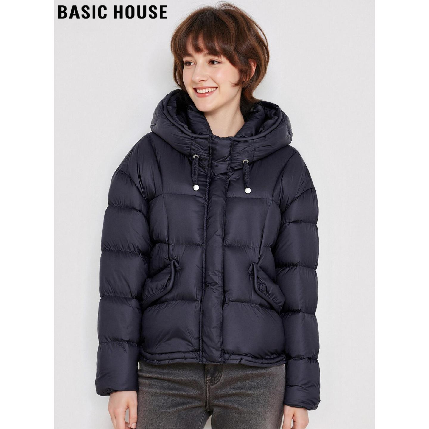 百家好黑色90白鸭绒连帽羽绒服女