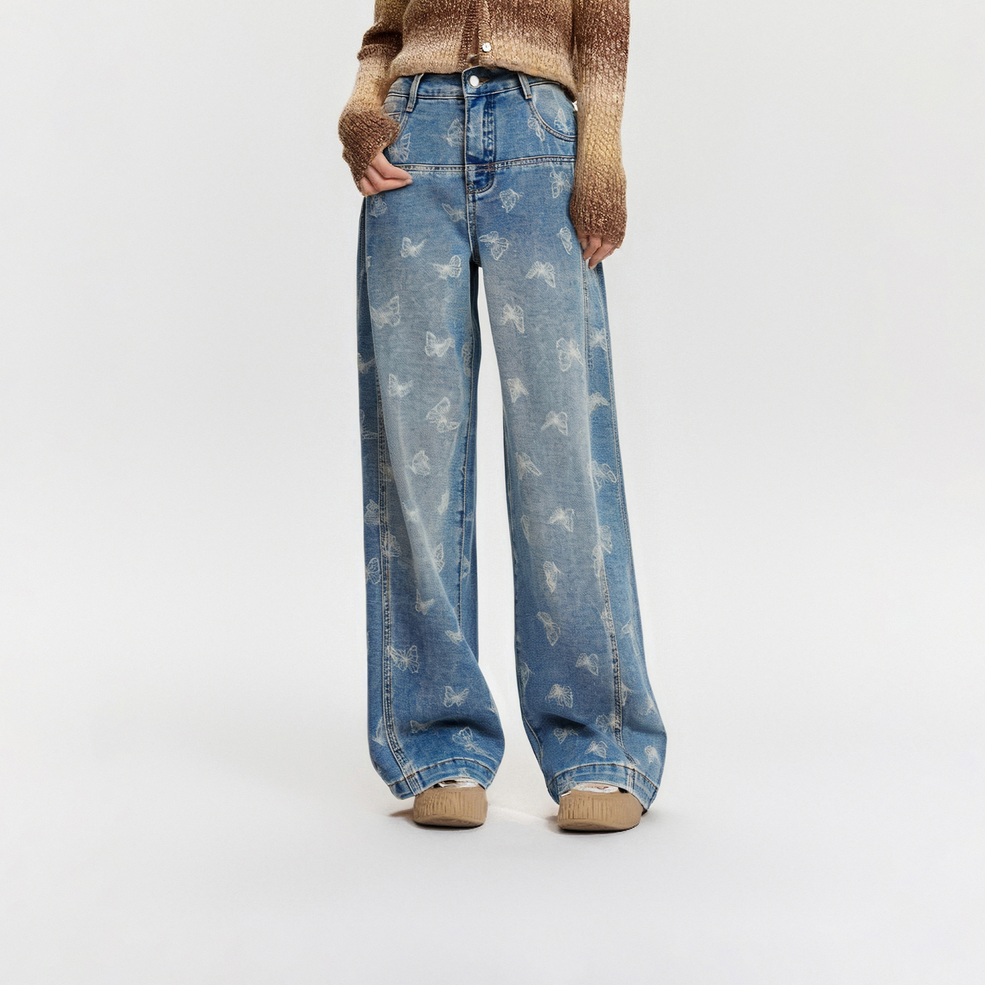 Basic House/百家好高腰牛仔裤女2025秋季新款印花垂感直筒裤长裤