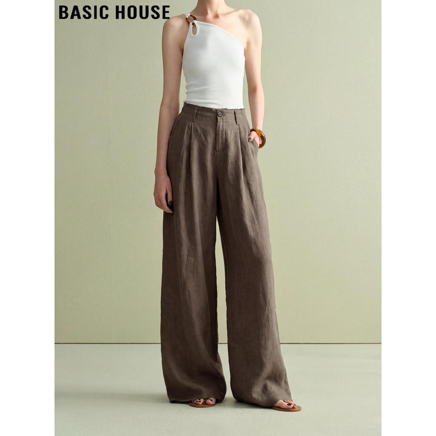 Basic House/百家好棕色亚麻阔腿裤女2026春季新款薄款休闲拖地裤
