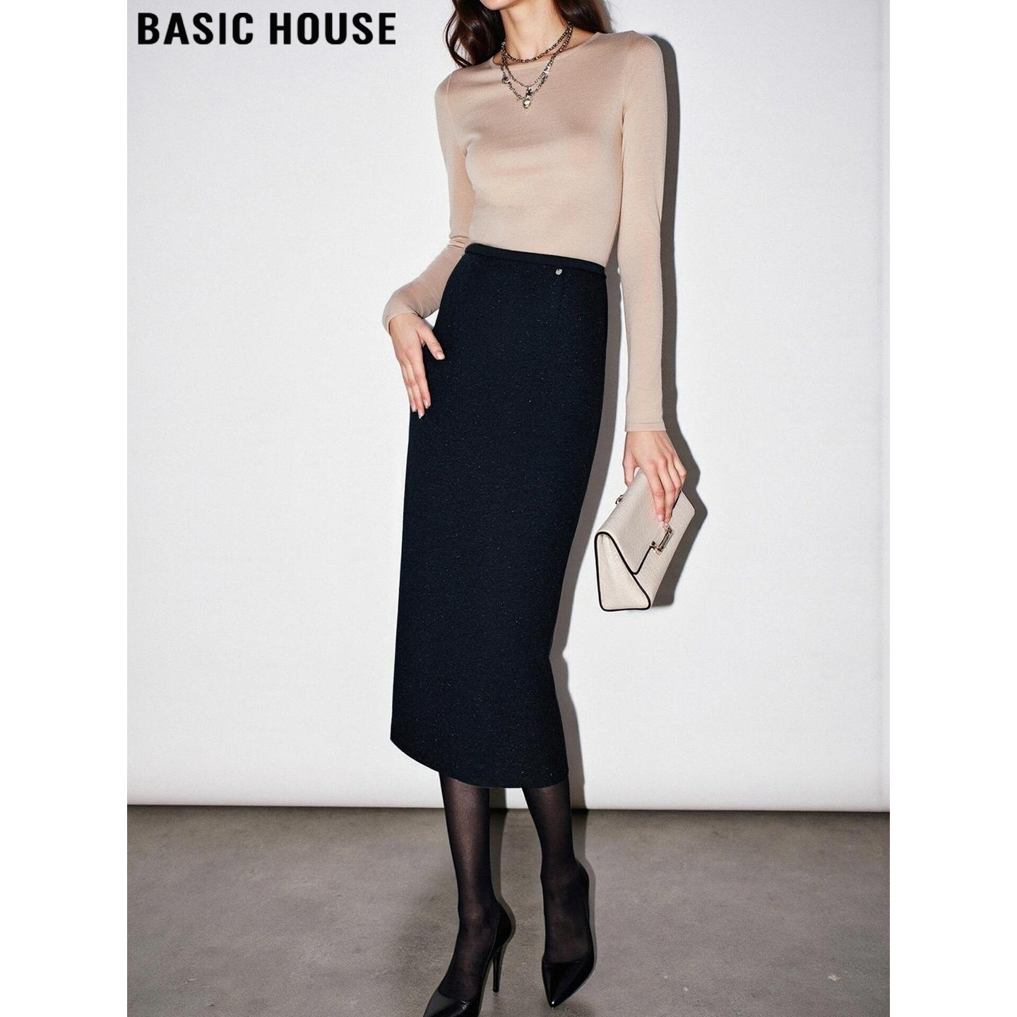 Basic House/百家好深灰色半身裙女2026春季新款中长款高腰西装裙