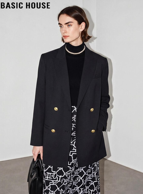 Basic House/百家好黑色西装外套女士2026春季新款中长款羊毛西服