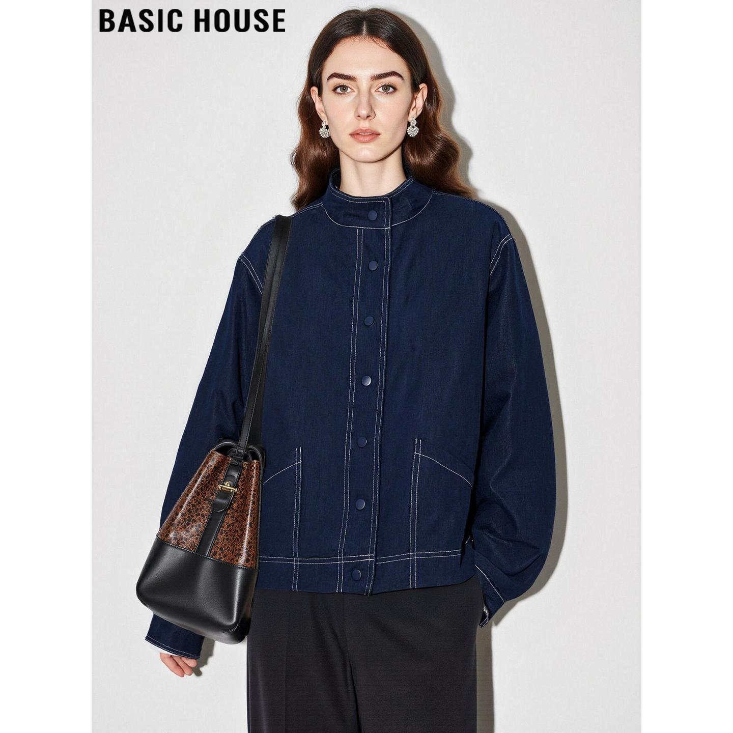 百家好深蓝色加厚立领牛仔棉衣女