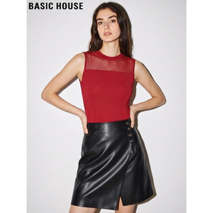 背心女夏季 百家好红色镂空无袖 外穿蕾丝拼接坎肩上衣 House Basic